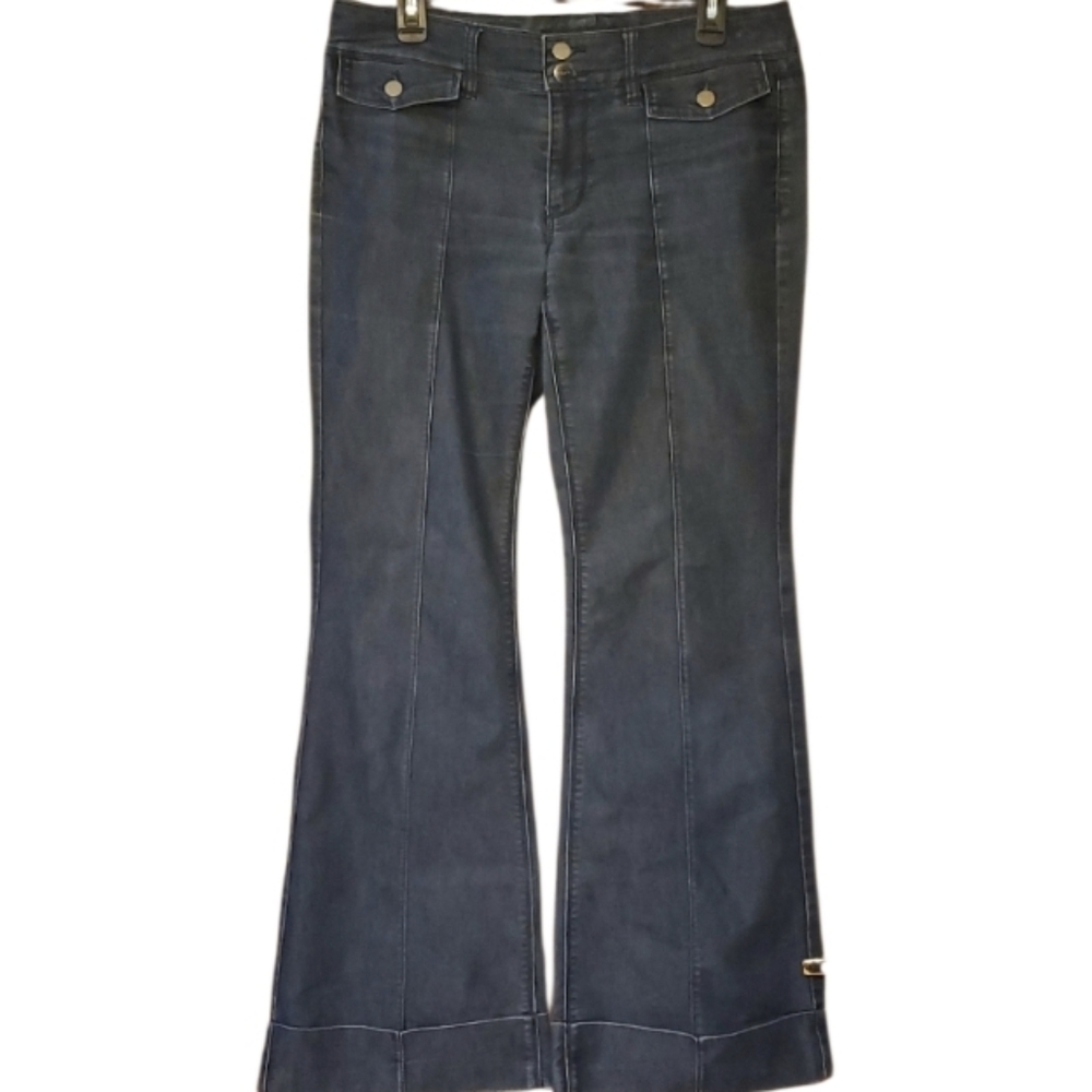 WHBM Noir Dark Blue Flare‎ Cuffed Jeans Size 10